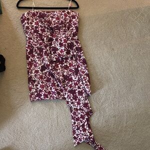 AMUR Strapless Floral Dress in White and Burgundy